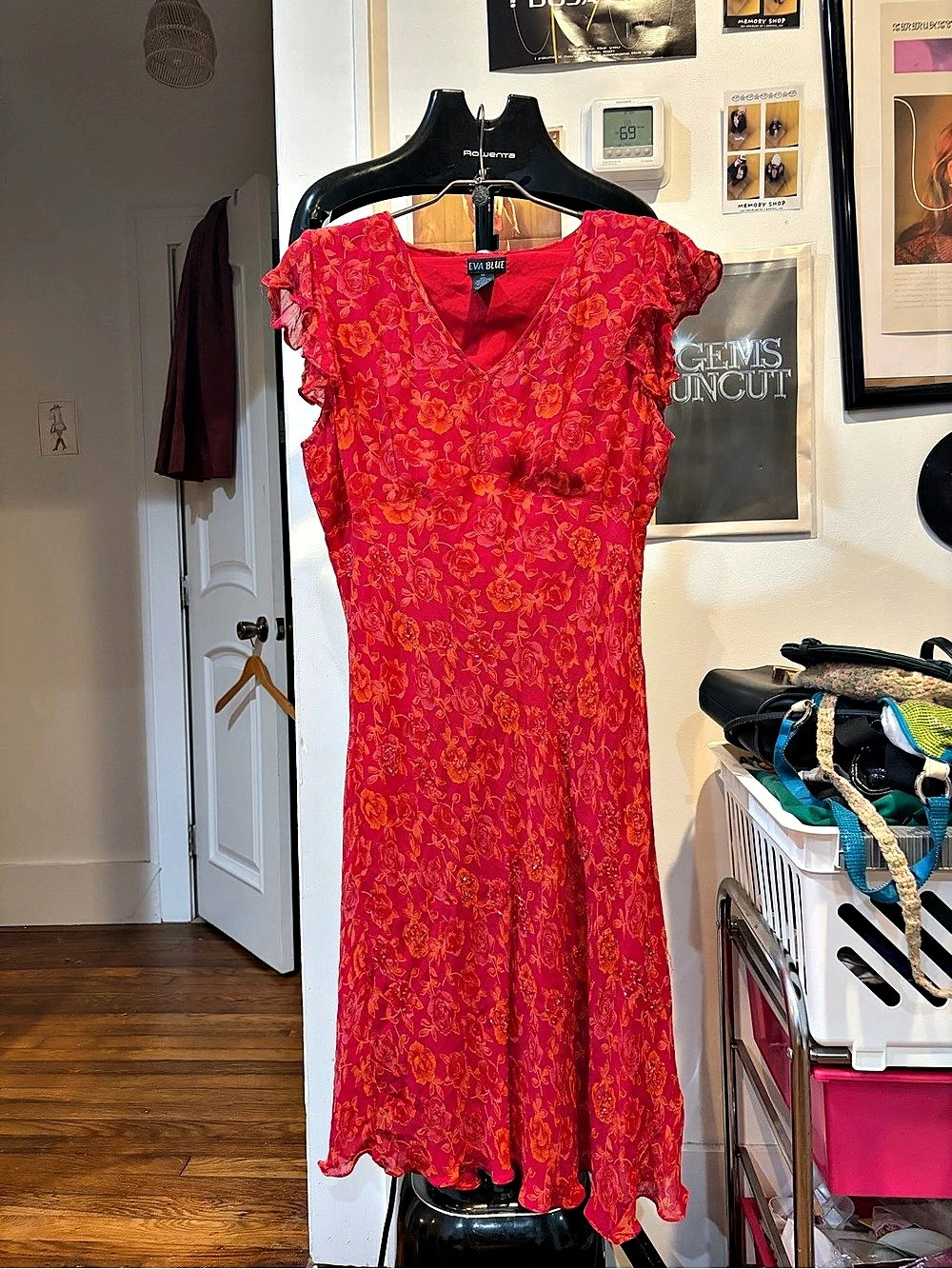 Vintage Eva Blue Floral Maxi Dress Pink & Red